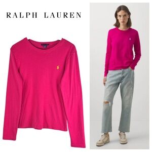 Ralph Lauren Shirt Top Tee Long Sleeve Sz XL 14 16 Hot Pink Logo Stretch Preppy